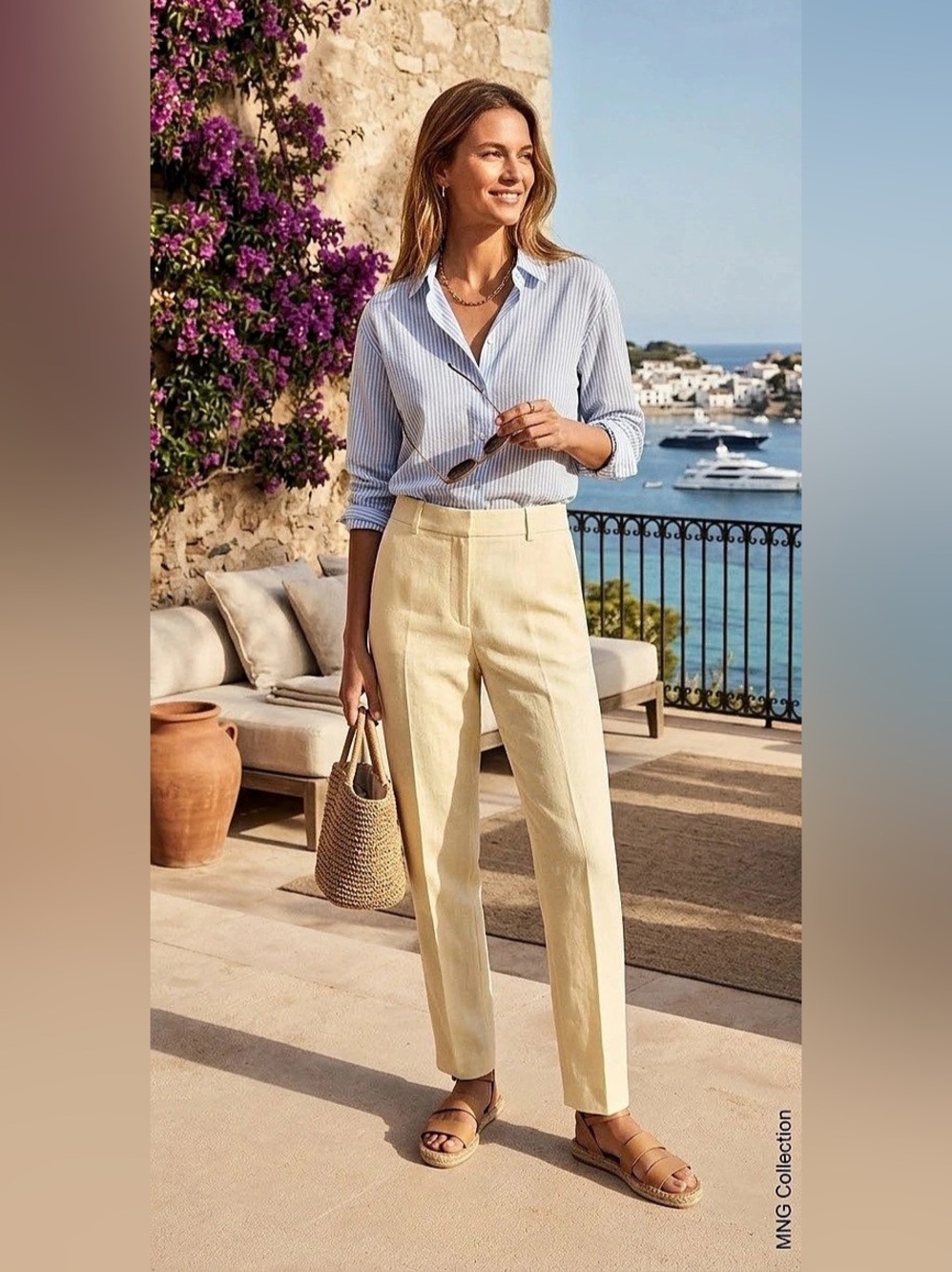 MNG Trousers Linen Straight Leg Pants in Yellow Size 4 NWT